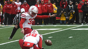 IOWA CITY, IA - NOVEMBER 23: Nebraska Cornhuskers placekicker Barret Pickering (32) kicks a field goal during a Big Ten Conference football game between the Nebraska Cornhuskers and the Iowa Hawkeyes on November 23, 2018, at Kinnick Stadium, Iowa City, IA. (Photo by Keith Gillett/Icon Sportswire via Getty Images)