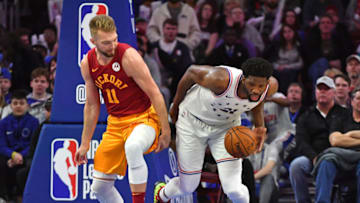 Mar 10, 2019; Philadelphia, PA, USA; Philadelphia 76ers center Joel Embiid (21) steals the ball from Indiana Pacers forward Domantas Sabonis (11) during the fourth quarter at Wells Fargo Center. Mandatory Credit: Eric Hartline-USA TODAY Sports