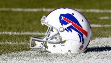 Dec 7, 2014; Denver, CO, USA; A general view of a Buffalo Bills helmet on the turf prior to the game against the Denver Broncos Sports Authority Field at Mile High. Mandatory Credit: Isaiah J. Downing-USA TODAY Sports