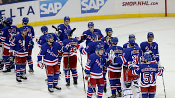 NEW YORK, NY - DECEMBER 15: The New York Rangers celebrate their 4-2 win against the Los Angeles Kings at Madison Square Garden on December 15, 2017 in New York City. (Photo by Abbie Parr/Getty Images)