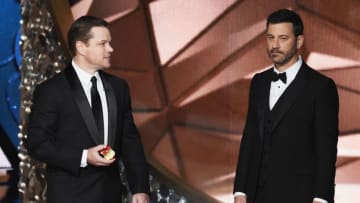 LOS ANGELES, CA - SEPTEMBER 18: Actor Matt Damon (L) and host Jimmy Kimmel speak onstage during the 68th Annual Primetime Emmy Awards at Microsoft Theater on September 18, 2016 in Los Angeles, California. (Photo by Kevin Winter/Getty Images)