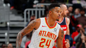 ATLANTA, GA - DECEMBER 27: Kent Bazemore #24 of the Atlanta Hawks reacts after hitting a three-point basket against the Washington Wizards at Philips Arena on December 27, 2017 in Atlanta, Georgia. NOTE TO USER: User expressly acknowledges and agrees that, by downloading and or using this photograph, User is consenting to the terms and conditions of the Getty Images License Agreement. (Photo by Kevin C. Cox/Getty Images)