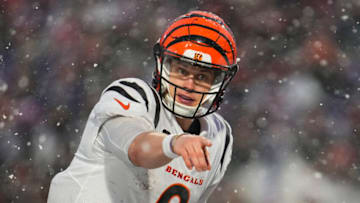 ORCHARD PARK, NY - JANUARY 22: Joe Burrow #9 of the Cincinnati Bengals motions against the Buffalo Bills at Highmark Stadium on January 22, 2023 in Orchard Park, New York. (Photo by Cooper Neill/Getty Images)
