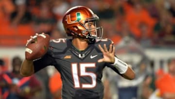 Nov 15, 2014; Miami Gardens, FL, USA; Miami Hurricanes quarterback Brad Kaaya (15) throws a pass against the Florida State Seminoles during the second half at Sun Life Stadium. FSU won 30-26. Mandatory Credit: Steve Mitchell-USA TODAY Sports