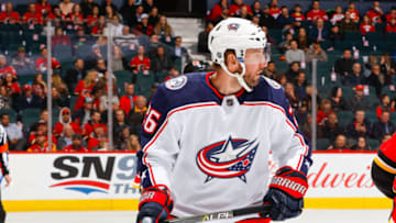 CALGARY, AB - MARCH 29: Thomas Vanek #26 of the Columbus Blue Jackets in an NHL game on March 29, 2018 at the Scotiabank Saddledome in Calgary, Alberta, Canada. (Photo by Gerry Thomas/NHLI via Getty Images)