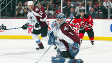 NEWARK, NJ - FEBRUARY 26: Andrew Raycroft #1 of the Colorado Avalanche defends his net against the New Jersey Devils at the Prudential Center on February 26, 2009 in Newark, New Jersey. (Photo by Jim McIsaac/Getty Images)