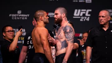 May 6, 2022; Phoenix, Arizona, USA; UFC fighter Andre Fialho (left) faces off with Cameron VanCamp during weigh ins for UFC 274 at the Arizona Federal Theatre. Mandatory Credit: Mark J. Rebilas-USA TODAY Sports