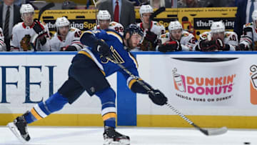 ST. LOUIS, MO - APRIL 4: Joel Edmundson #6 of the St. Louis Blues takes a shot against the Chicago Blackhawks at Scottrade Center on April 4, 2018 in St. Louis, Missouri. (Photo by Joe Puetz/NHLI via Getty Images)