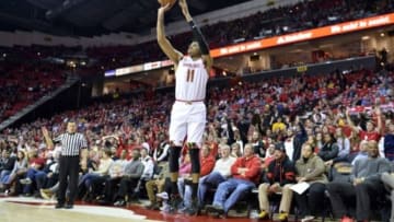 Feb 9, 2016; College Park, MD, USA; Maryland Terrapins guard Jared Nickens (11) takes a three point shot during the second half against the Bowie State at Xfinity Center. Maryland Terrapins defeat Bowie State 93-62. Mandatory Credit: Tommy Gilligan-USA TODAY Sports