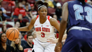 COLUMBUS, OH - DECEMBER 03: Ohio State Buckeyes guard Kelsey Mitchell (3) looks to pass the ball during a game between the Ohio State Buckeyes and the Maine Black Bears on December 3, 2017 at Value City Arena in Columbus, OH. Ohio State defeated Maine 83-70. (Photo by Adam Lacy/Icon Sportswire via Getty Images)