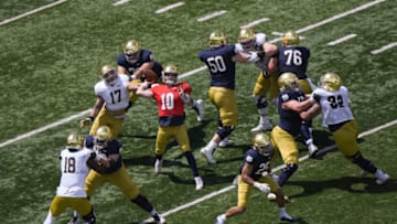 SOUTH BEND, INDIANA - MAY 01: Drew Pyne #10 of the Notre Dame Fighting Irish passes in the first half of the Blue-Gold Spring Game at Notre Dame Stadium on May 01, 2021 in South Bend, Indiana. (Photo by Quinn Harris/Getty Images)