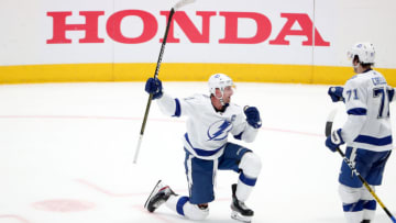 DALLAS, TEXAS - JANUARY 27: Steven Stamkos #91 of the Tampa Bay Lightning celebrates after scoring a goal against the Dallas Stars in the third period at American Airlines Center on January 27, 2020 in Dallas, Texas. (Photo by Tom Pennington/Getty Images)
