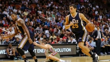 Nov 12, 2015; Miami, FL, USA; Utah Jazz guard Raul Neto (25) drives to the basket against the Miami Heat during the second half at American Airlines Arena. The Heat won 92-91. Mandatory Credit: Steve Mitchell-USA TODAY Sports