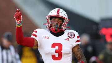 Nebraska football wide receiver Trey Palmer (3) catches a touchdown i(Reese Strickland-USA TODAY Sports)