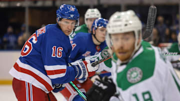 Oct 14, 2021; New York, New York, USA; New York Rangers center Ryan Strome (16) looks back towards Dallas Stars left wing Michael Raffl (18) during the third period at Madison Square Garden. Mandatory Credit: Vincent Carchietta-USA TODAY Sports
