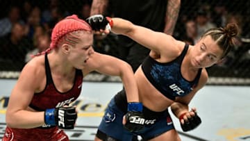 BOSTON, MASSACHUSETTS - OCTOBER 18: (R-L) Maycee Barber punches Gillian Robertson in their flyweight bout during the UFC Fight Night event at TD Garden on October 18, 2019 in Boston, Massachusetts. (Photo by Chris Unger/Zuffa LLC via Getty Images)