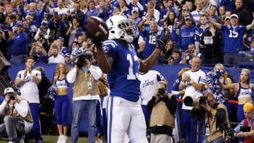 Nov 29, 2015; Indianapolis, IN, USA; Indianapolis Colts wide receiver T.Y. Hilton (13) reacts to scoring a touchdown against the Tampa Bay Buccaneers at Lucas Oil Stadium. Indianapolis defeats Tampa Bay 25-12. Mandatory Credit: Brian Spurlock-USA TODAY Sports