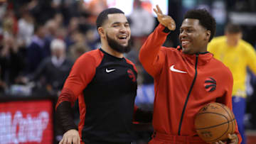 TORONTO, ON- NOVEMBER 29 - Toronto Raptors guard Fred VanVleet (23) and Toronto Raptors guard Kyle Lowry (7) laugh during warm-ups as the Toronto Raptors beat the Golden State Warriors 131-128 in overtime in Toronto. November 29, 2018. (Steve Russell/Toronto Star via Getty Images)