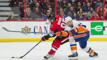 OTTAWA, ON - NOVEMBER 25: Ottawa Senators Center Matt Duchene (95) holds off New York Islanders Defenceman Calvin De Haan (44) during the first period of the NHL game between the Ottawa Senators and the New York Islanders on Nov. 25, 2017 at the Canadian Tire Centre in Ottawa, Ontario, Canada. (Photo by Steven Kingsman/Icon Sportswire via Getty Images)