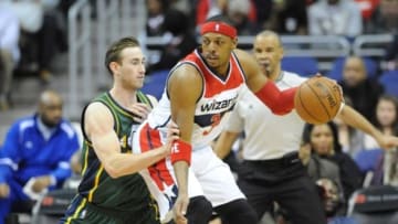 Dec 14, 2014; Washington, DC, USA; Washington Wizards forward Paul Pierce (34) dribbles as Utah Jazz forward Gordon Hayward (20) defends during the first half at Verizon Center. Mandatory Credit: Brad Mills-USA TODAY Sports