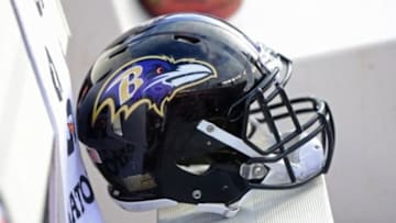 Jan 12, 2013; Denver, CO, USA; Detailed view of a Baltimore Ravens helmet on the bench against the Denver Broncos during the AFC divisional round playoff game at Sports Authority Field. Mandatory Credit: Mark J. Rebilas-USA TODAY Sports