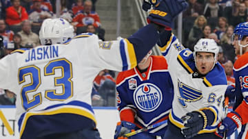 Oct 20, 2016; Edmonton, Alberta, CAN; St. Louis Blues forward Nail Yakupov (64) celebrates a second period goal against the Edmonton Oilers at Rogers Place. Mandatory Credit: Perry Nelson-USA TODAY Sports