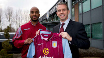 BIRMINGHAM, ENGLAND - JANUARY 26 : Fabian Delph of Aston Villa poses for a picture with Tom Fox the CEO of Aston Villa at the club's training ground at Bodymoor Heath on January 26, 2015 in Birmingham, England. (Photo by Neville Williams/Aston Villa FC via Getty Images)