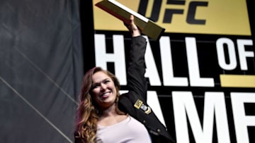LAS VEGAS, NV - JULY 05: Ronda Rousey poses with her trophy after her induction into the UFC Hall of Fame during the UFC Hall of Fame Class of 2018 Induction Ceremony inside The Pearl concert theater at Palms Casino Resort on July 5, 2018 in Las Vegas, Nevada. (Photo by Brandon Magnus/Zuffa LLC/Zuffa LLC via Getty Images)