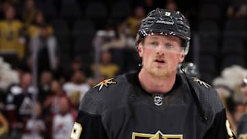LAS VEGAS, NEVADA - FEBRUARY 16: Jack Eichel #9 of the Vegas Golden Knights warms up before playing in his first game with Vegas against the Colorado Avalanche at T-Mobile Arena on February 16, 2022 in Las Vegas, Nevada. (Photo by Ethan Miller/Getty Images)