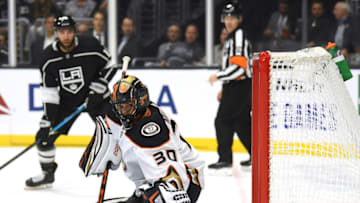 LOS ANGELES, CALIFORNIA - SEPTEMBER 23: Ryan Miller #30 of the Anaheim Ducks makes a save during a preseason game against the Los Angeles Kings at at Staples Center on September 23, 2019 in Los Angeles, California. (Photo by Harry How/Getty Images)