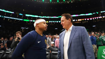 BOSTON, MASSACHUSETTS - MARCH 18: Isaiah Thomas #0 of the Denver Nuggets talks with Celtics co-owner Stephen Pagliuca before the game between the Boston Celtics and the Denver Nuggets at TD Garden on March 18, 2019 in Boston, Massachusetts. NOTE TO USER: User expressly acknowledges and agrees that, by downloading and or using this photograph, User is consenting to the terms and conditions of the Getty Images License Agreement. (Photo by Maddie Meyer/Getty Images)