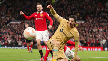 MANCHESTER, ENGLAND - FEBRUARY 23: Robert Lewandowski of Barcelona reacts during the UEFA Europa League knockout round play-off leg two match between Manchester United and FC Barcelona at Old Trafford on February 23, 2023 in Manchester, England. (Photo by James Gill - Danehouse/Getty Images)