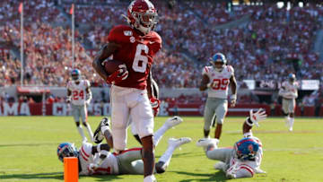 TUSCALOOSA, ALABAMA - SEPTEMBER 28: DeVonta Smith #6 of the Alabama Crimson Tide takes this reception in for a touchdown against the Mississippi Rebels at Bryant-Denny Stadium on September 28, 2019 in Tuscaloosa, Alabama. (Photo by Kevin C. Cox/Getty Images)