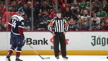 DENVER, CO - MARCH 23: Referee Brad Watson #23 skates in the final game of his 23-year NHL career at the Pepsi Center on March 23, 2019 in Denver, Colorado. (Photo by Michael Martin/NHLI via Getty Images)