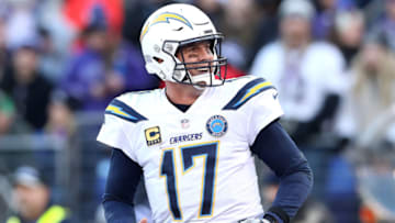 BALTIMORE, MARYLAND - JANUARY 06: Philip Rivers #17 of the Los Angeles Chargers celebrates after throwing a two point conversion to Mike Williams #81 against the Baltimore Ravens during the fourth quarter in the AFC Wild Card Playoff game at M&T Bank Stadium on January 06, 2019 in Baltimore, Maryland. (Photo by Rob Carr/Getty Images)