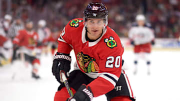CHICAGO, IL - SEPTEMBER 23: Chicago Blackhawks left wing Brandon Saad (20) looks on in the first period during a Preseason game between the Chicago Blackhawks and the Columbus Blue Jackets on September 23, 2017, at the United Center in Chicago, IL. (Photo by Robin Alam/Icon Sportswire via Getty Images)