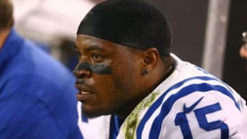 Nov 24, 2013; Phoenix, AZ, USA; Indianapolis Colts wide receiver LaVon Brazill (15) against the Arizona Cardinals at University of Phoenix Stadium. The Cardinals defeated the Colts 40-11. Mandatory Credit: Mark J. Rebilas-USA TODAY Sports