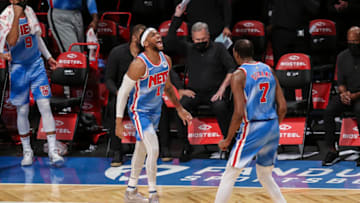 Jan 16, 2021; Brooklyn, New York, USA; Brooklyn Nets guard Bruce Brown (1) celebrates after making a three point shot in the fourth quarter against the Orlando Magic at Barclays Center. Mandatory Credit: Wendell Cruz-USA TODAY Sports