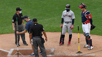 MINNEAPOLIS, MINNESOTA - AUGUST 01: Francisco Lindor #12 of the Cleveland Indians has the left-handed batters box inspected during his at bat against the Minnesota Twins during the first inning of the game at Target Field on August 1, 2020 in Minneapolis, Minnesota. (Photo by Hannah Foslien/Getty Images)