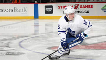 NEWARK, NJ - APRIL 05: Mitch Marner #16 of the Toronto Maple Leafs skates against the New Jersey Devils at the Prudential Center on April 5, 2018 in Newark, New Jersey. The Devils defeated the Maple Leafs 2-1 to clinch a playoff position. (Photo by Bruce Bennett/Getty Images)