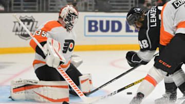 Jan 1, 2022; Los Angeles, California, USA; Los Angeles Kings left wing Brendan Lemieux (48) scores a goal past Philadelphia Flyers goaltender Martin Jones (35) in the second period of the game at Crypto.com Arena. Mandatory Credit: Jayne Kamin-Oncea-USA TODAY Sports
