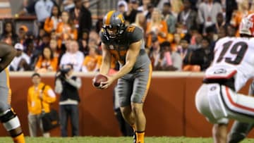 Oct 10, 2015; Knoxville, TN, USA; Tennessee Volunteers punter Trevor Daniel (93) punts the ball against the Georgia Bulldogs during the second half at Neyland Stadium. Tennessee won 38 to 31. Mandatory Credit: Randy Sartin-USA TODAY Sports