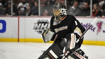 January 3, 2014; Anaheim, CA, USA; Anaheim Ducks goalie Jonas Hiller (1) defends the goal against the Edmonton Oilers during the first period at Honda Center. Mandatory Credit: Gary A. Vasquez-USA TODAY Sports