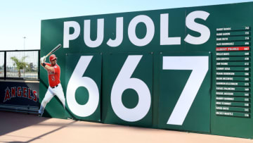 ANAHEIM, CALIFORNIA - MAY 06: A general view of a home run counter in centerfield for Albert Pujols #5 of the Los Angeles Angels before the game against the Tampa Bay Rays at Angel Stadium of Anaheim on May 06, 2021 in Anaheim, California. Pujols was released by the Los Angeles Angels ending a 10 year contract. (Photo by Katelyn Mulcahy/Getty Images)