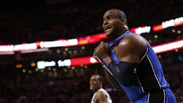 Feb 2, 2014; Boston, MA, USA; Orlando Magic power forward Glen Davis (11) reacts to a call against the Boston Celtics during the first half at TD Garden. Mandatory Credit: Mark L. Baer-USA TODAY Sports