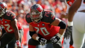 Nov 30, 2014; Tampa, FL, USA; Tampa Bay Buccaneers guard Logan Mankins (70) against the Cincinnati Bengals during the first half at Raymond James Stadium. Mandatory Credit: Kim Klement-USA TODAY Sports