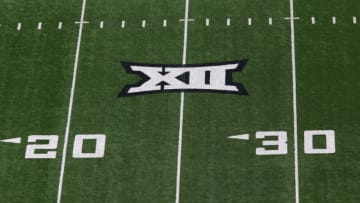 Oct 22, 2022; Lubbock, Texas, USA; A general view of the Big 12 Logo on the field before the game between the West Virginia Mountaineers and the Texas Tech Red Raiders at Jones AT&T Stadium and Cody Campbell Field. Mandatory Credit: Michael C. Johnson-USA TODAY Sports