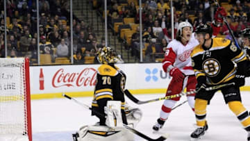 Sep 28, 2016; Boston, MA, USA; Detroit Red Wings forward Tyler Bertuzzi rects after a goal past Boston Bruins goalie Malcolm Subban (70) in the first period during a preseason hockey game at TD Garden. Mandatory Credit: Bob DeChiara-USA TODAY Sports