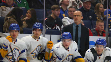 Feb 1, 2023; Buffalo, New York, USA; Buffalo Sabres head coach Don Granato watches his team play from the bench during the second period against the Carolina Hurricanes at KeyBank Center. Mandatory Credit: Timothy T. Ludwig-USA TODAY Sports