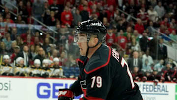 RALEIGH, NC - MAY 14: Micheal Ferland #79 of the Carolina Hurricanes shoots the puck in Game Three of the Eastern Conference Third Round against the Boston Bruins during the 2019 NHL Stanley Cup Playoffs on May 14, 2019 at PNC Arena in Raleigh, North Carolina. (Photo by Gregg Forwerck/NHLI via Getty Images)